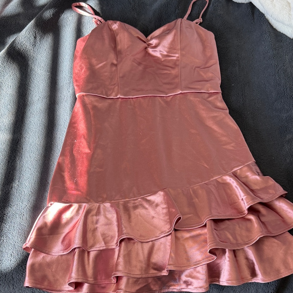 Satin Rose Pink Ruffle Slip Dress